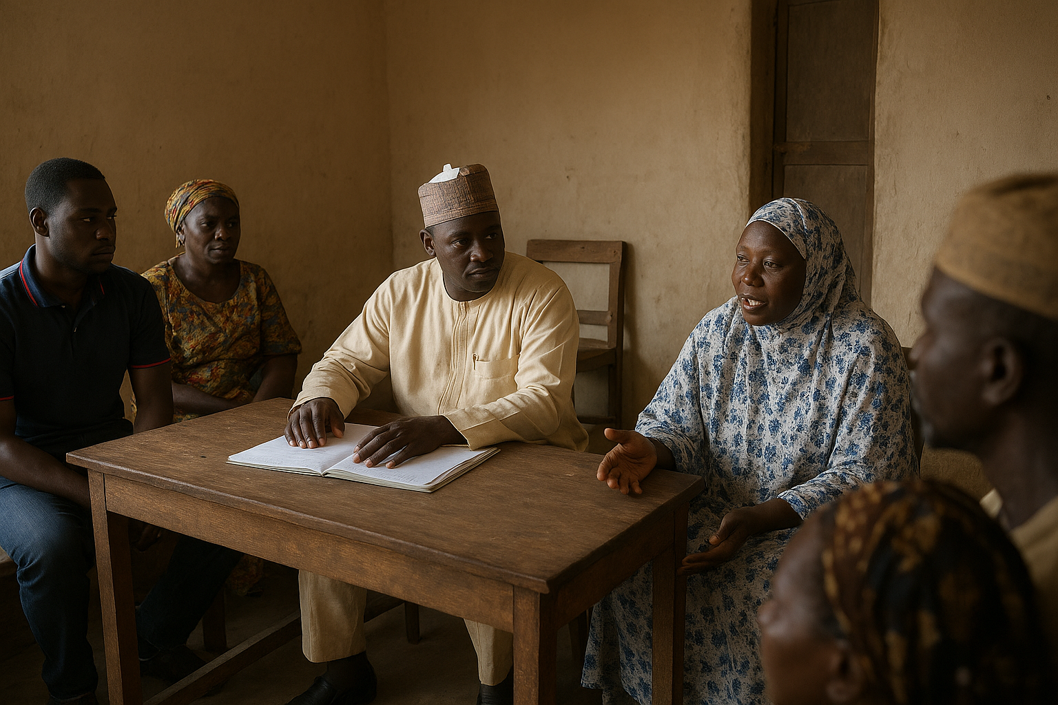 Women listen quietly in Lafia as Ahmed Aliyu Wadada’s team records concerns on pay, security and jobs